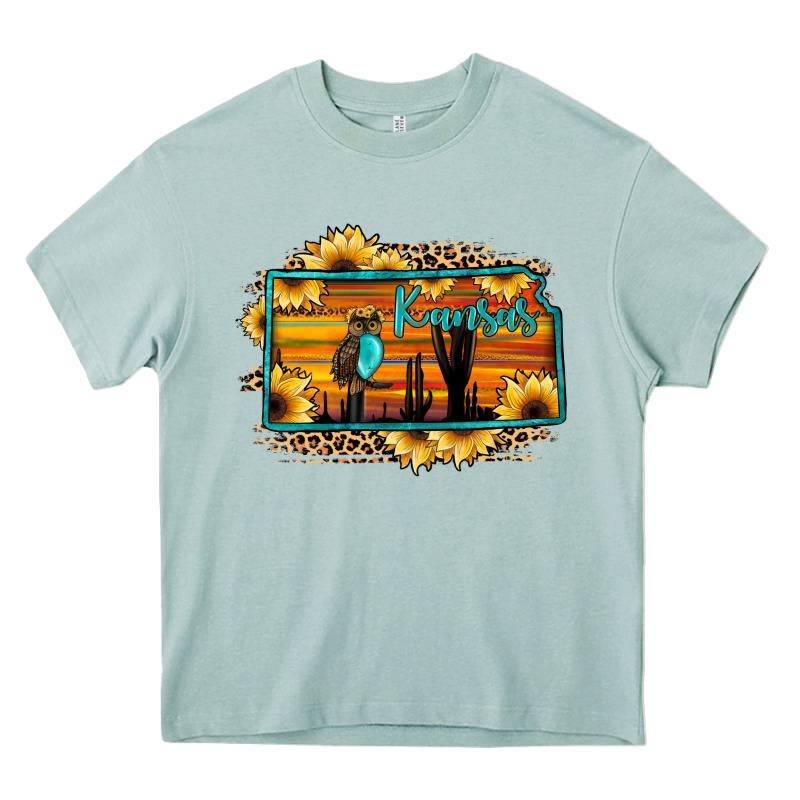Kansas Owl Sunset Sunflower Map Heavy Core Tee by JahusDesignShop | Teevron