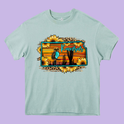 Kansas Owl Sunset Sunflower Map Heavy Core Tee Designed By Jahusdesignshop