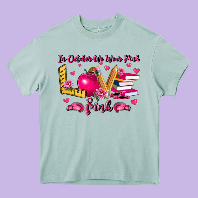 In October We Wear Pink Teacher Heavy Core Tee Designed By Lillyallendesigns