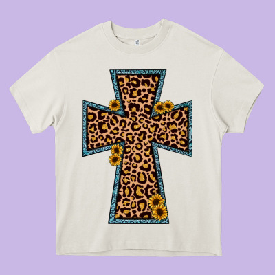Leopard Sunflower Cross Heavy Core Tee Designed By Jahusdesignshop