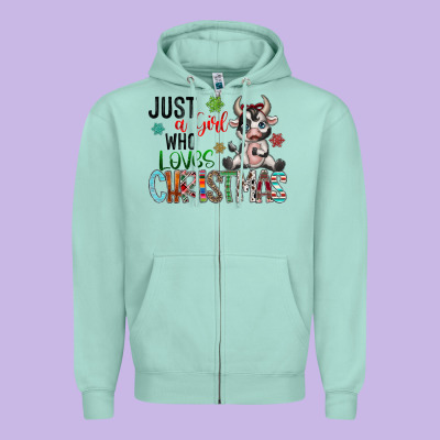 Just A Girl Who Loves Christmas Zipper Hoodie Designed By Cowhidedigitalart