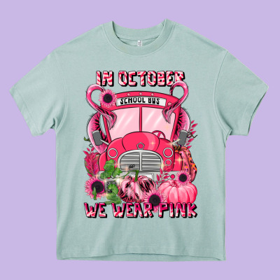 In October We Wear Pink Halloween School Bus Heavy Core Tee Designed By Lillyallendesigns