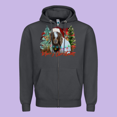 Merry Christmas Goat Zipper Hoodie Designed By Cowhidedigitalart