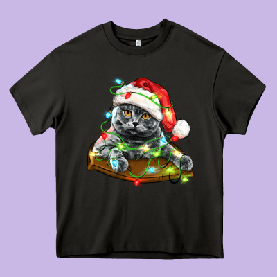 Christmas Scottish Fold Cat Heavy Core Tee Designed By Lillyallendesigns