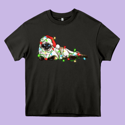 Christmas Siamese Cat Heavy Core Tee Designed By Lillyallendesigns