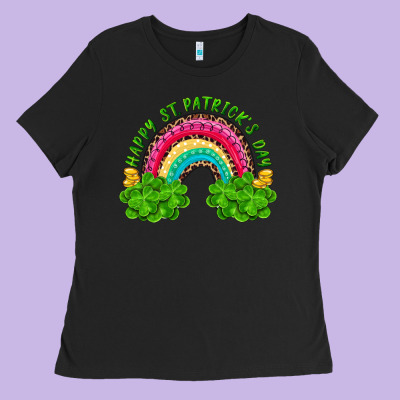 Happy St Patricks Day Rainbow And Shamrock Ladies Tee Designed By Ranaportraitstore