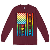 Burgundy Autism American Flag Long Sleeve Tee - CowGirlArtShop