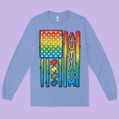 Autism American Flag Long Sleeve Tee Designed By Cowgirlartshop