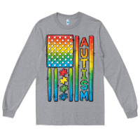 Heather Grey Autism American Flag Long Sleeve Tee - CowGirlArtShop