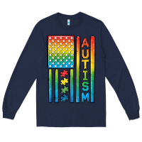 Navy Autism American Flag Long Sleeve Tee - CowGirlArtShop