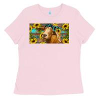 Bubblegum Pink Goat with sunflowers and leopard Ladies Tee - RanaPortraitStore
