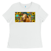 White Goat with sunflowers and leopard Ladies Tee - RanaPortraitStore
