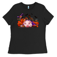 Black Halloween Baby Pig Ladies Tee - RanaPortraitStore