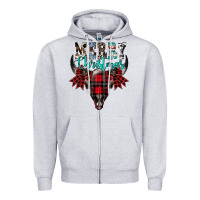 Heather Grey merry christmas bull skull Zipper Hoodie - CowhideDigitalArt