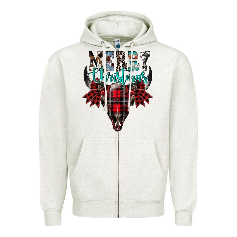 Merry Christmas Bull Skull Zipper Hoodie by CowhideDigitalArt | Teevron