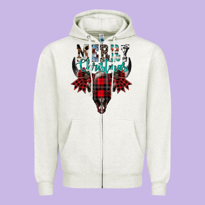 Merry Christmas Bull Skull Zipper Hoodie Designed By Cowhidedigitalart