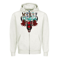 Oatmeal Heather merry christmas bull skull Zipper Hoodie - CowhideDigitalArt