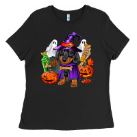 Black Halloween dachshund puppy dog Ladies Tee - RanaPortraitStore