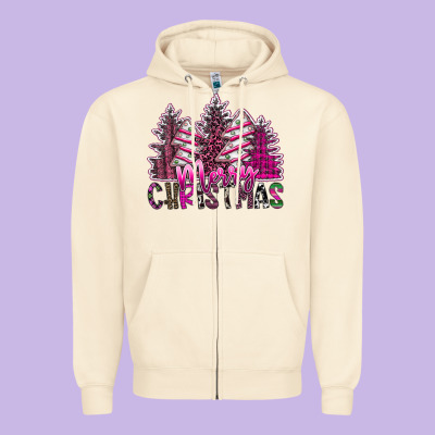 Merry Christmas Pink  Trees Zipper Hoodie Designed By Cowhidedigitalart