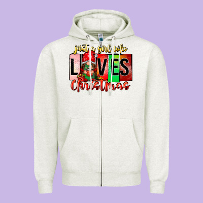 Just A Girl Who Loves Christmas Zipper Hoodie Designed By Cowhidedigitalart