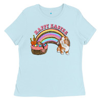Baby Blue Happy Easter Bunny And Egg Basket Rainbow Ladies Tee - RanaPortraitStore