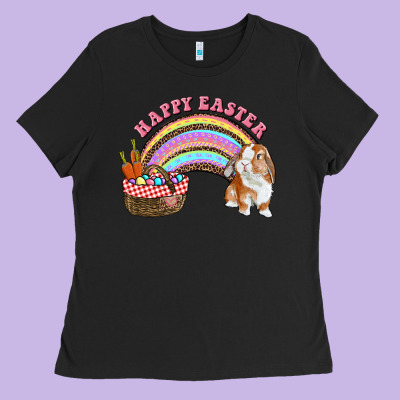 Happy Easter Bunny And Egg Basket Rainbow Ladies Tee Designed By Ranaportraitstore