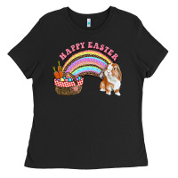 Black Happy Easter Bunny And Egg Basket Rainbow Ladies Tee - RanaPortraitStore