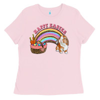 Bubblegum Pink Happy Easter Bunny And Egg Basket Rainbow Ladies Tee - RanaPortraitStore