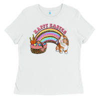 White Happy Easter Bunny And Egg Basket Rainbow Ladies Tee - RanaPortraitStore