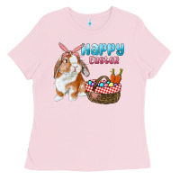 Bubblegum Pink Happy Easter Bunny And Egg Basket Ladies Tee - RanaPortraitStore