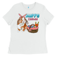 White Happy Easter Bunny And Egg Basket Ladies Tee - RanaPortraitStore