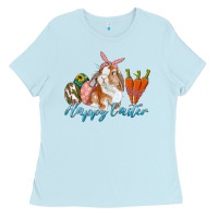 Baby Blue happy easter bunny carrots and eggs Ladies Tee - RanaPortraitStore