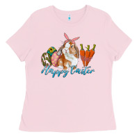 Bubblegum Pink happy easter bunny carrots and eggs Ladies Tee - RanaPortraitStore