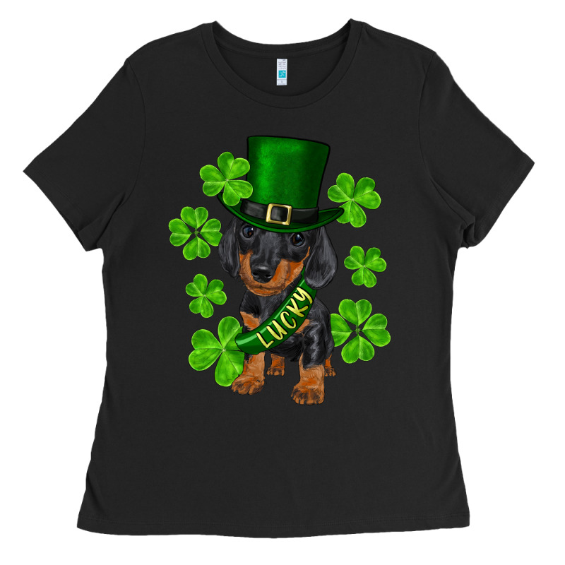 St. Patrick's Day Lucky Dachshund Puppy Ladies Tee by RanaPortraitStore | Teevron