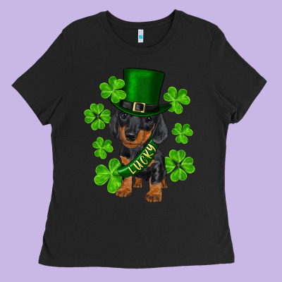 St. Patrick's Day Lucky Dachshund Puppy Ladies Tee Designed By Ranaportraitstore