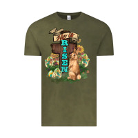 Vintage Olive He is risen Bunny Cross Easter Day Vintage Tee - HowdyJamesFarm