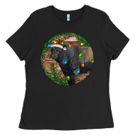 Black Black Angus Bull with Christmas Lights Ladies Tee - RanaPortraitStore