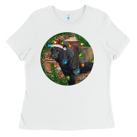 White Black Angus Bull with Christmas Lights Ladies Tee - RanaPortraitStore