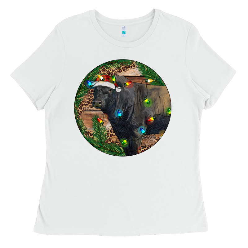 Black Angus Bull With Christmas Lights Ladies Tee by RanaPortraitStore | Teevron