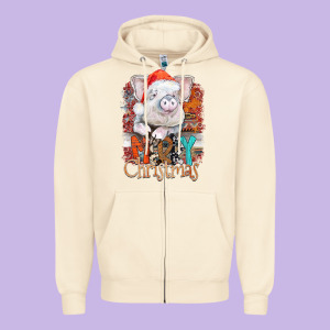 Merry Christmas Pig Zipper Hoodie Designed By Cowhidedigitalart