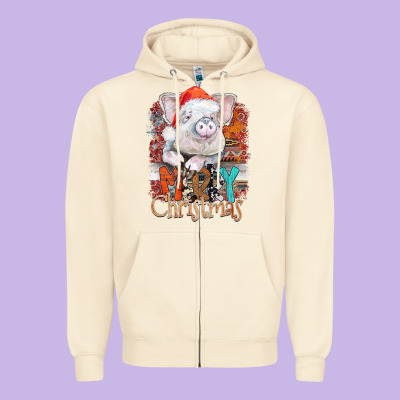 Merry Christmas Pig Zipper Hoodie Designed By Cowhidedigitalart