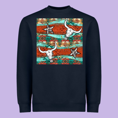 Western Aztec Bull Skull Stars Seamless Pattern Heavyweight Sweatshirt Designed By Bundleandbundleshop