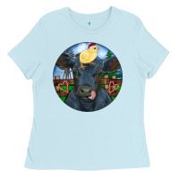 Baby Blue Black Angus Cattle with Santa Chick Christmas Ladies Tee - RanaPortraitStore