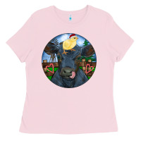 Bubblegum Pink Black Angus Cattle with Santa Chick Christmas Ladies Tee - RanaPortraitStore