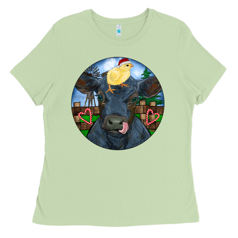 Black Angus Cattle With Santa Chick Christmas Ladies Tee by RanaPortraitStore | Teevron