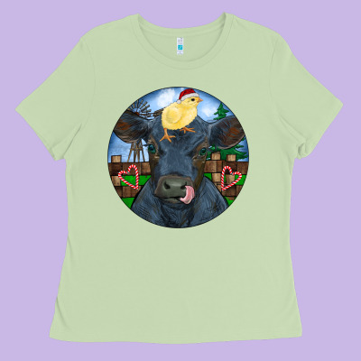 Black Angus Cattle With Santa Chick Christmas Ladies Tee Designed By Ranaportraitstore