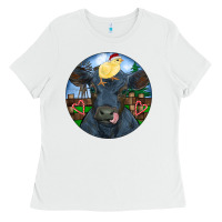 White Black Angus Cattle with Santa Chick Christmas Ladies Tee - RanaPortraitStore
