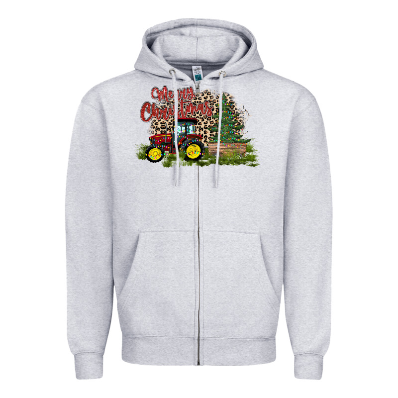 Merry Christmas Tractor Tree Zipper Hoodie by CowhideDigitalArt | Teevron
