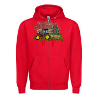 Red merry Christmas tractor tree Zipper Hoodie - CowhideDigitalArt