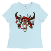 Baby Blue Western Christmas Bull Skull Ladies Tee - RanaPortraitStore